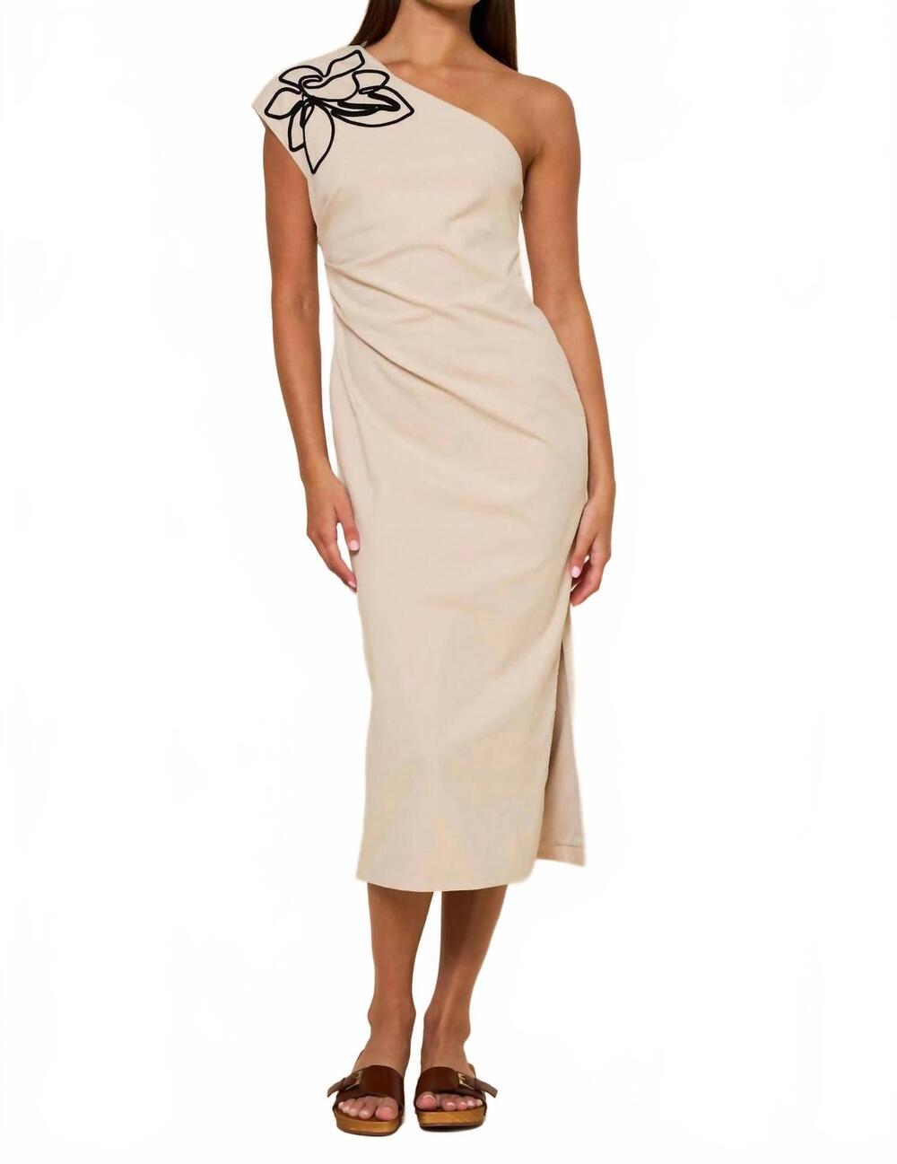 NEW LALAVON flower shoulder midi dress in beige
